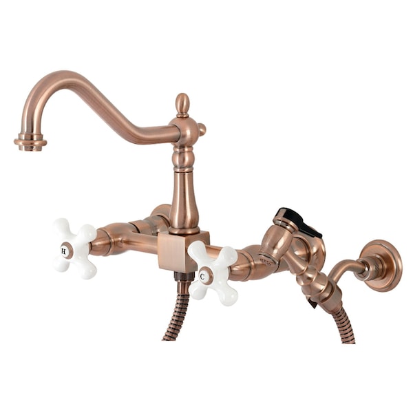 Heritage 2-Handle Wall Mnt Bridge Kitchen Faucet W/Brass Sprayer, Cppr